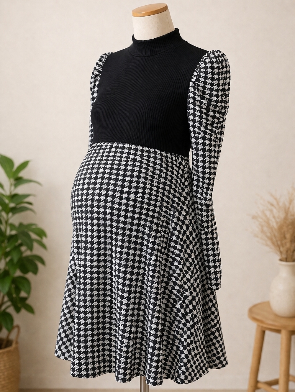 SHEIN Maternity Houndstooth Mock Neck Gigot Sleeve Dress L Black White